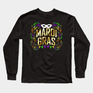 Yellow Golden Logo With Mask, Leaves, Pennant For Mardi Gras Long Sleeve T-Shirt